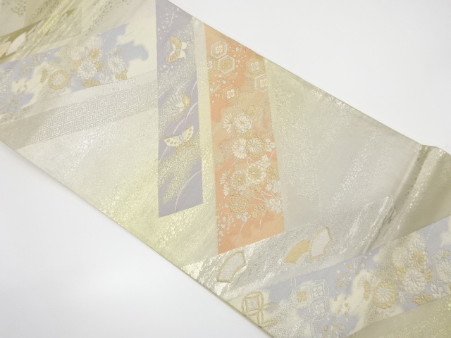 アンティーク　斜め縞に蝶・花模様織り出し袋帯（材料）